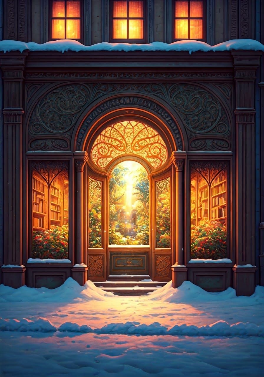 Whimsical Bookstore Facade in Snowy Fairy-Tale Street at Sun...