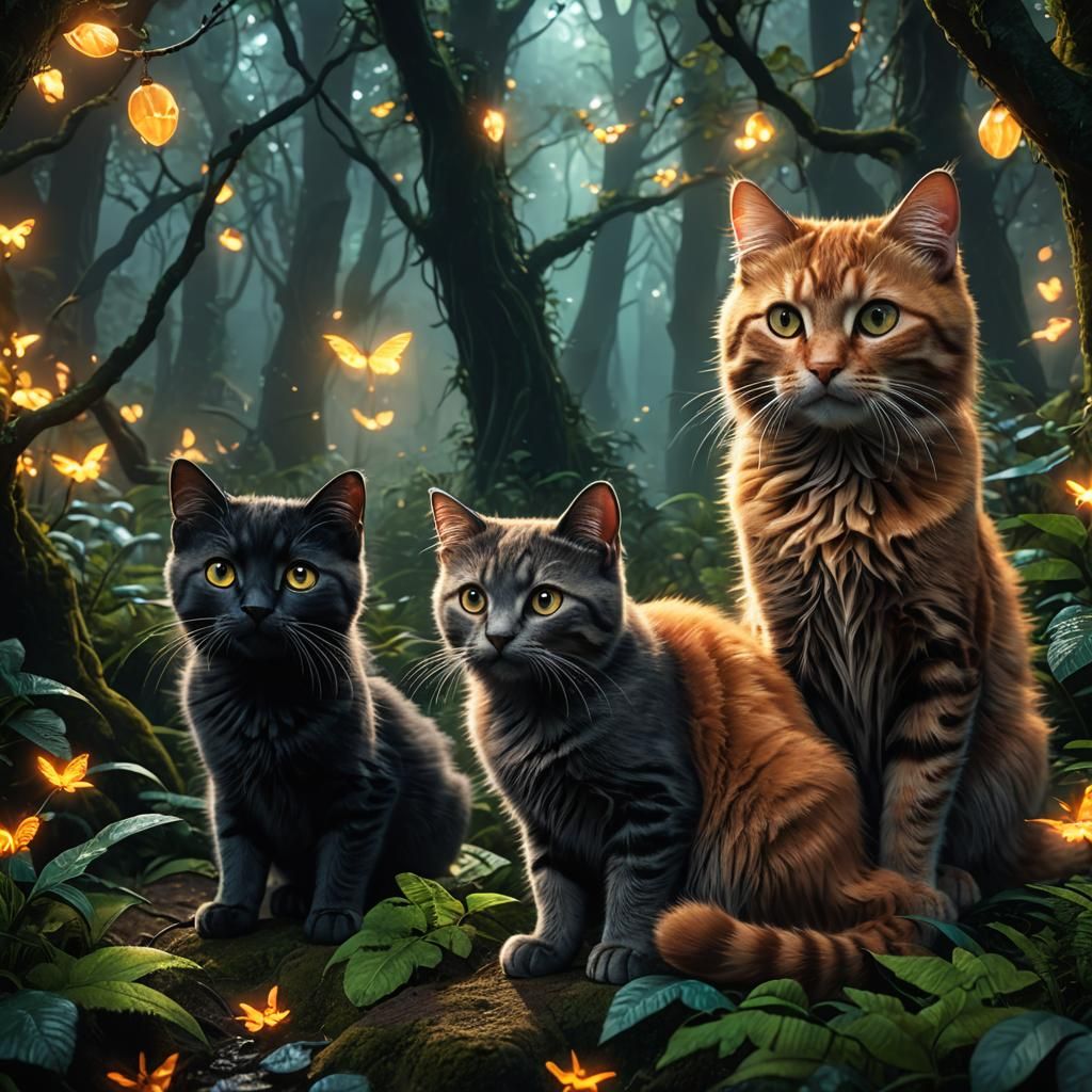 Kittens in Bioluminescent Forest: Fantasy Concept Art