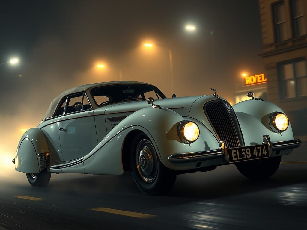 Steampunk Super Car Speeds Through Foggy 1940s London Night
