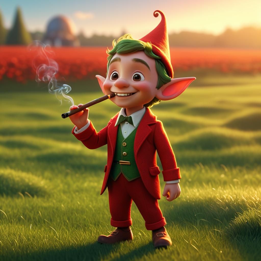 Elf in Red Suit Smoking Cigar: Pixar Style