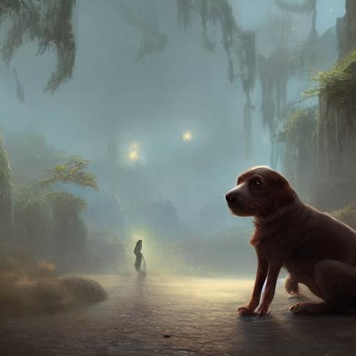 Dog Watching Man Walk Away: Detailed Matte Painting