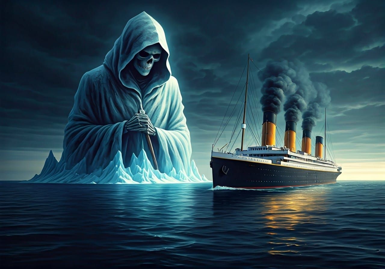 Grim Reaper Iceberg Menaces Titanic: A Digital Painting