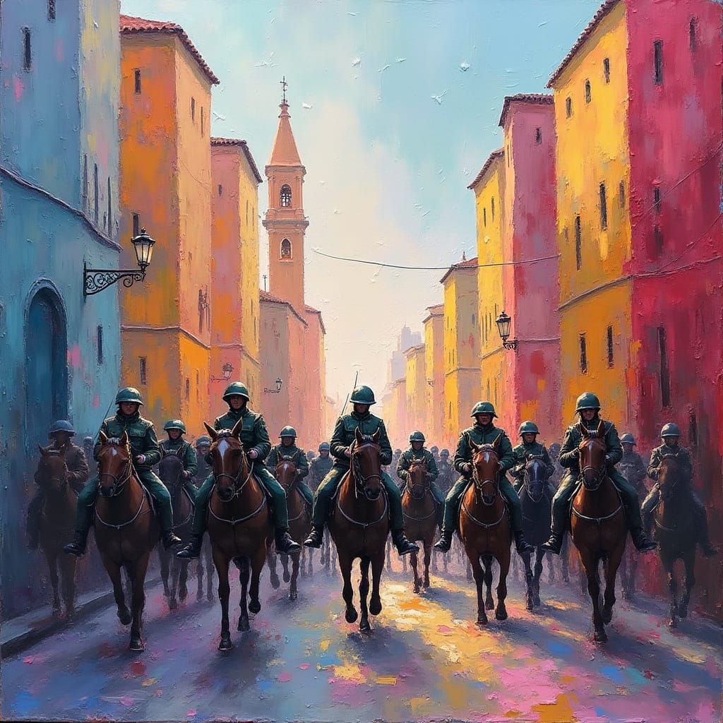 Army Marching Through Old City, Neo-Impressionist Style