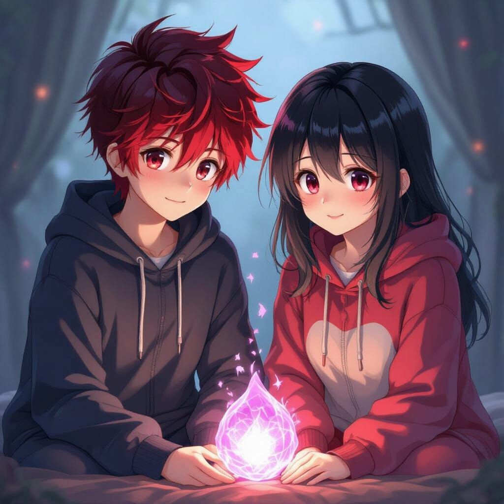 Anime Couple in Matching Onesies with Split Hair