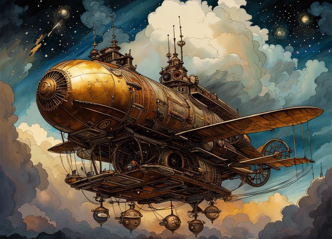 Steampunk Spaceship Soaring Through Stormy Starry Night