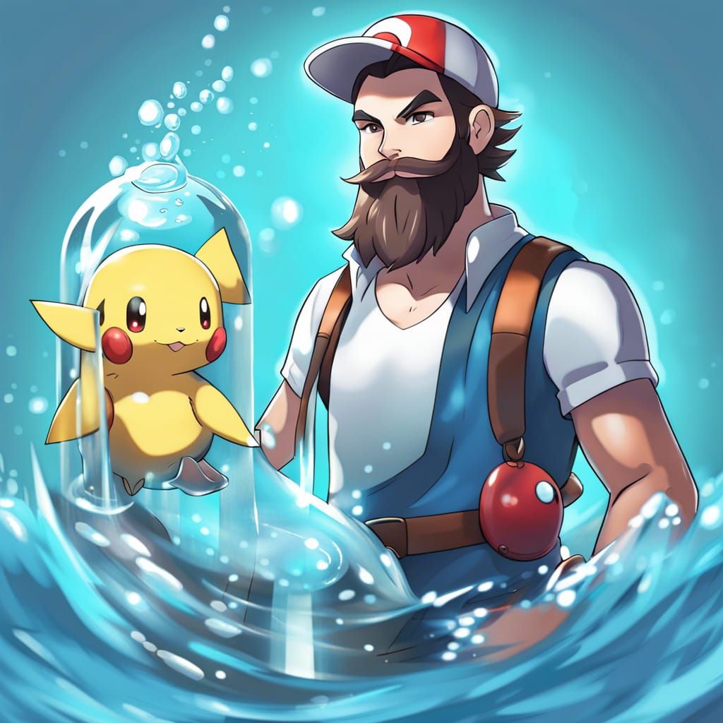Bearded Pokemon Trainer with Water Team