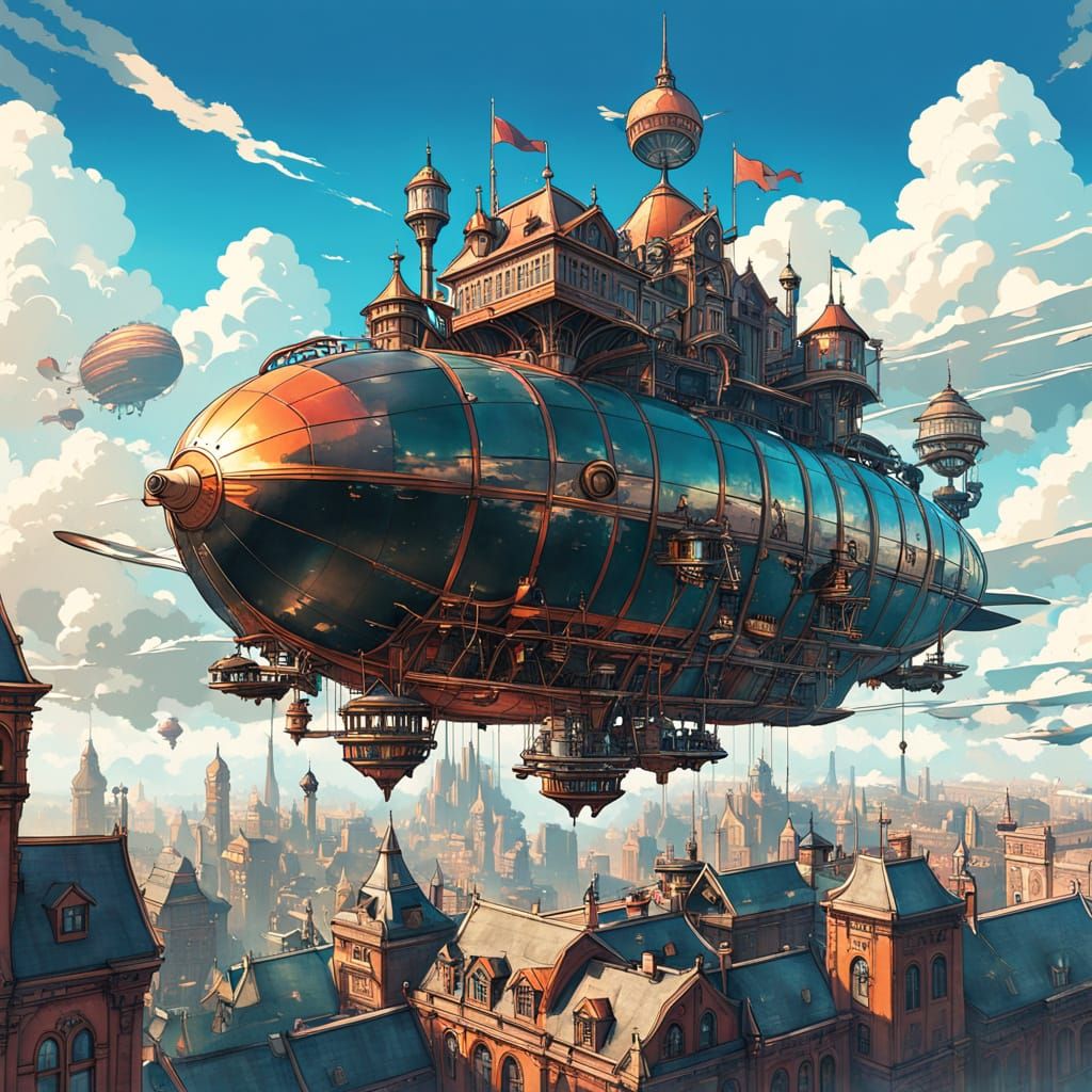 Ethereal Steampunk Metropolis soars amidst Clouds