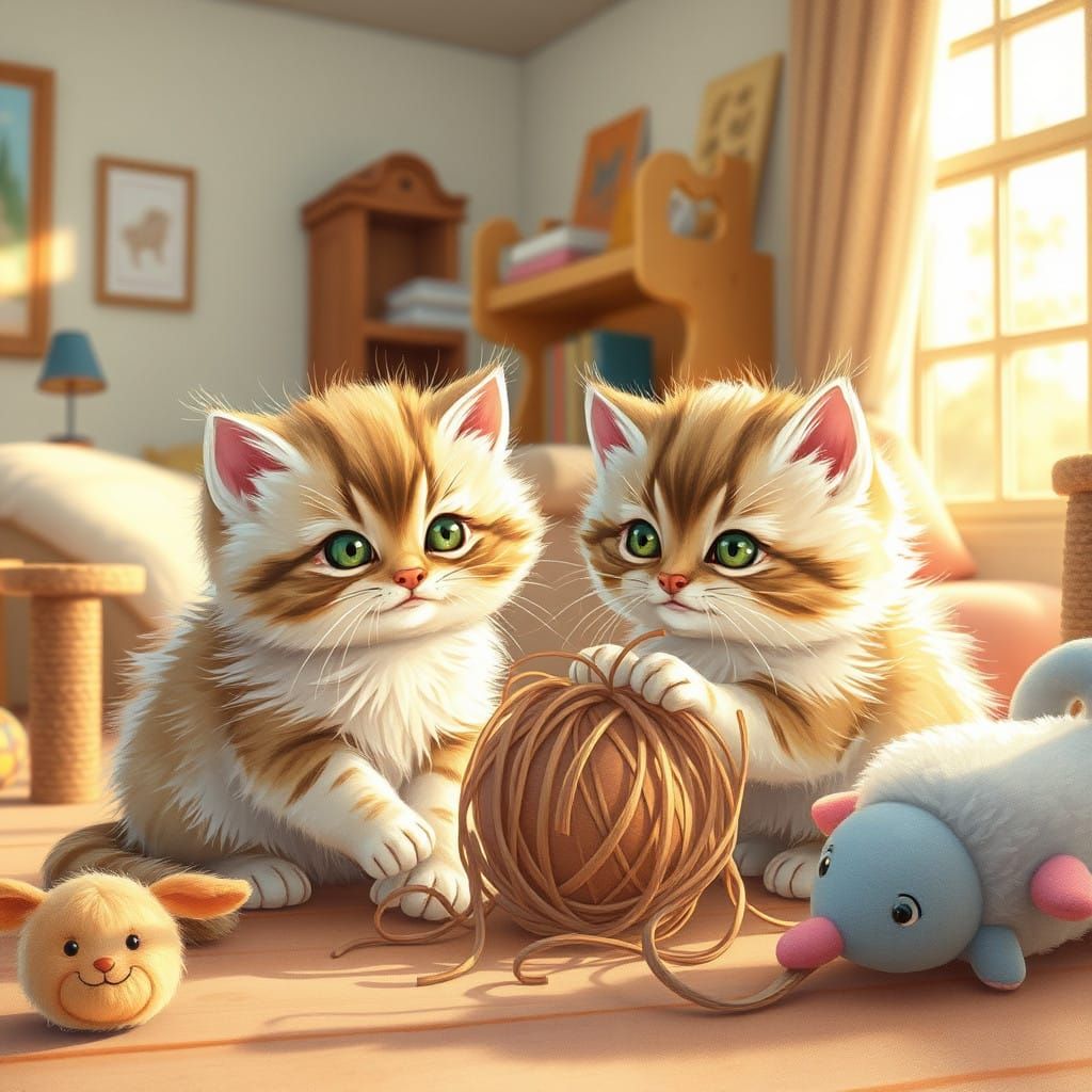 Whimsical Kittens Play with a Hair Ball in a Cozy Living Roo...