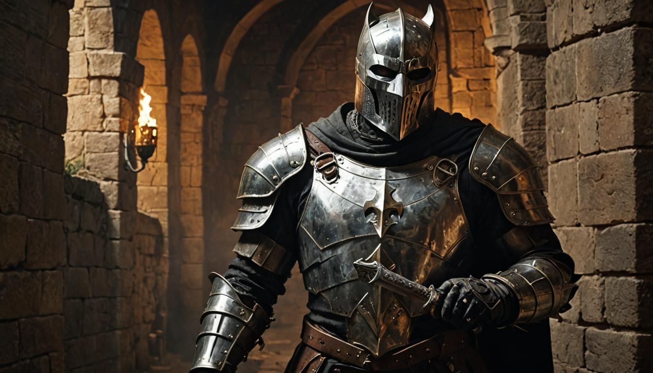 Dark Fantasy Knight in Medieval Castle, Oil on Canvas