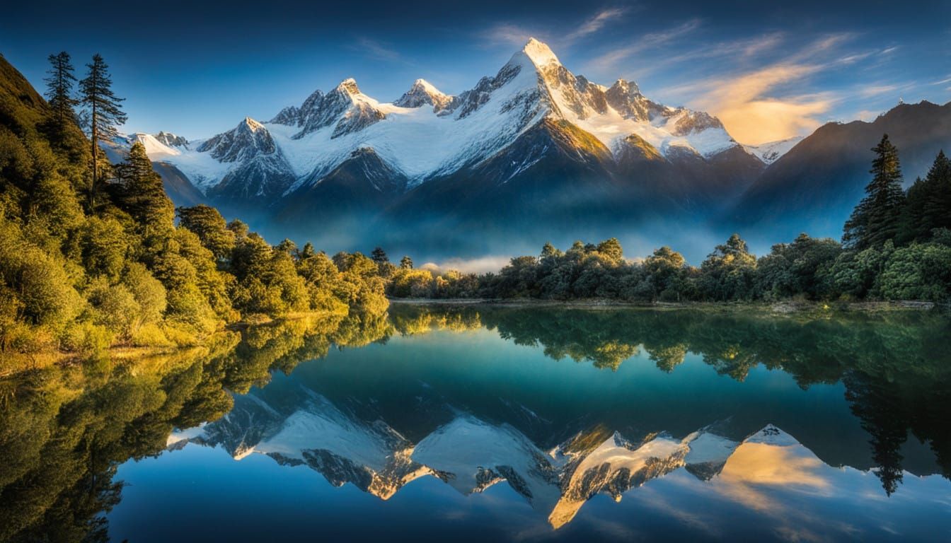 Lake Matheson, mirror lake. West Coast of New Zealand.