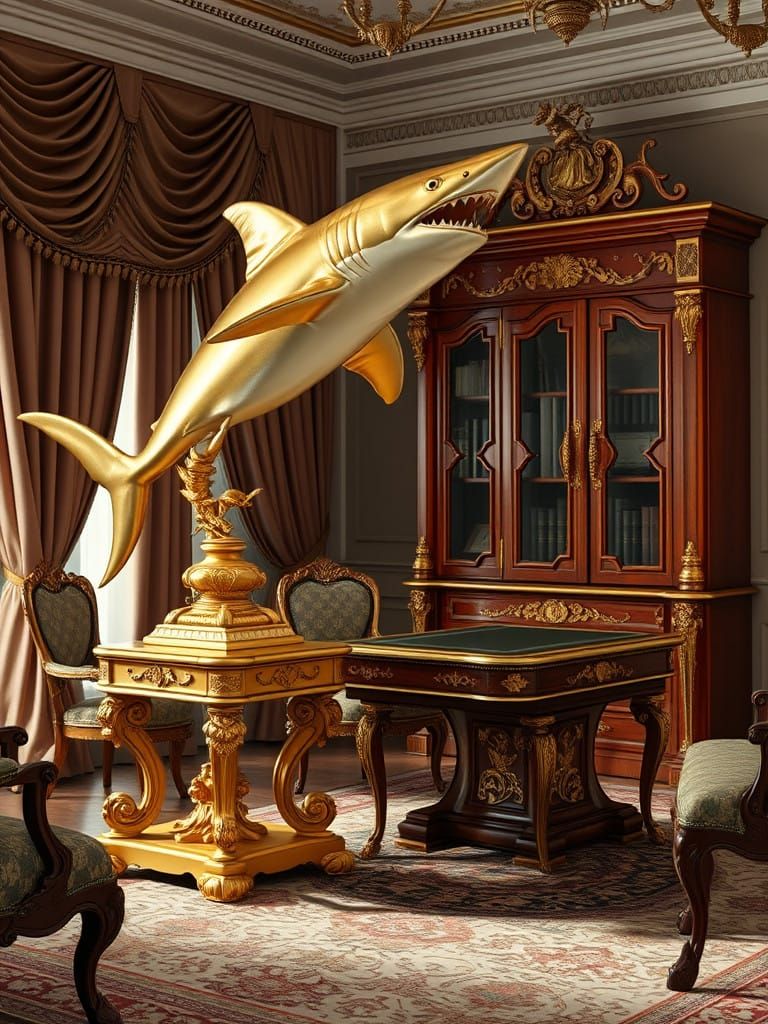 Golden Shark Statue on Baroque-Style Book Cabinet
