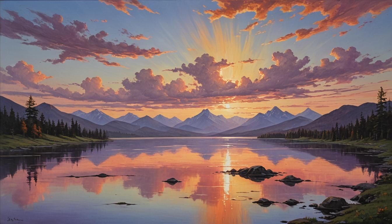 Mountain Sunset Landscape in Oil Painting Style