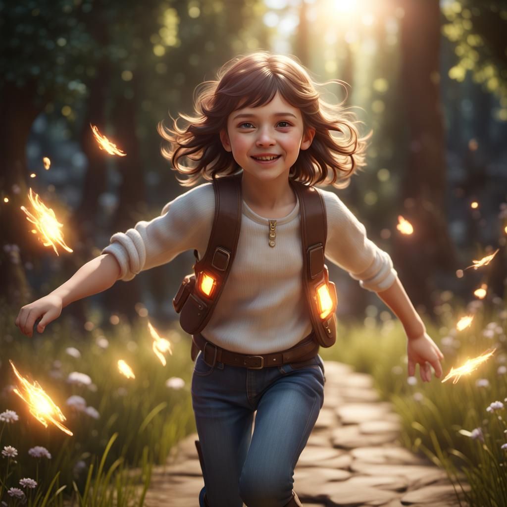 A brunette child is skipping and full of joy. Her aura glows like the sun