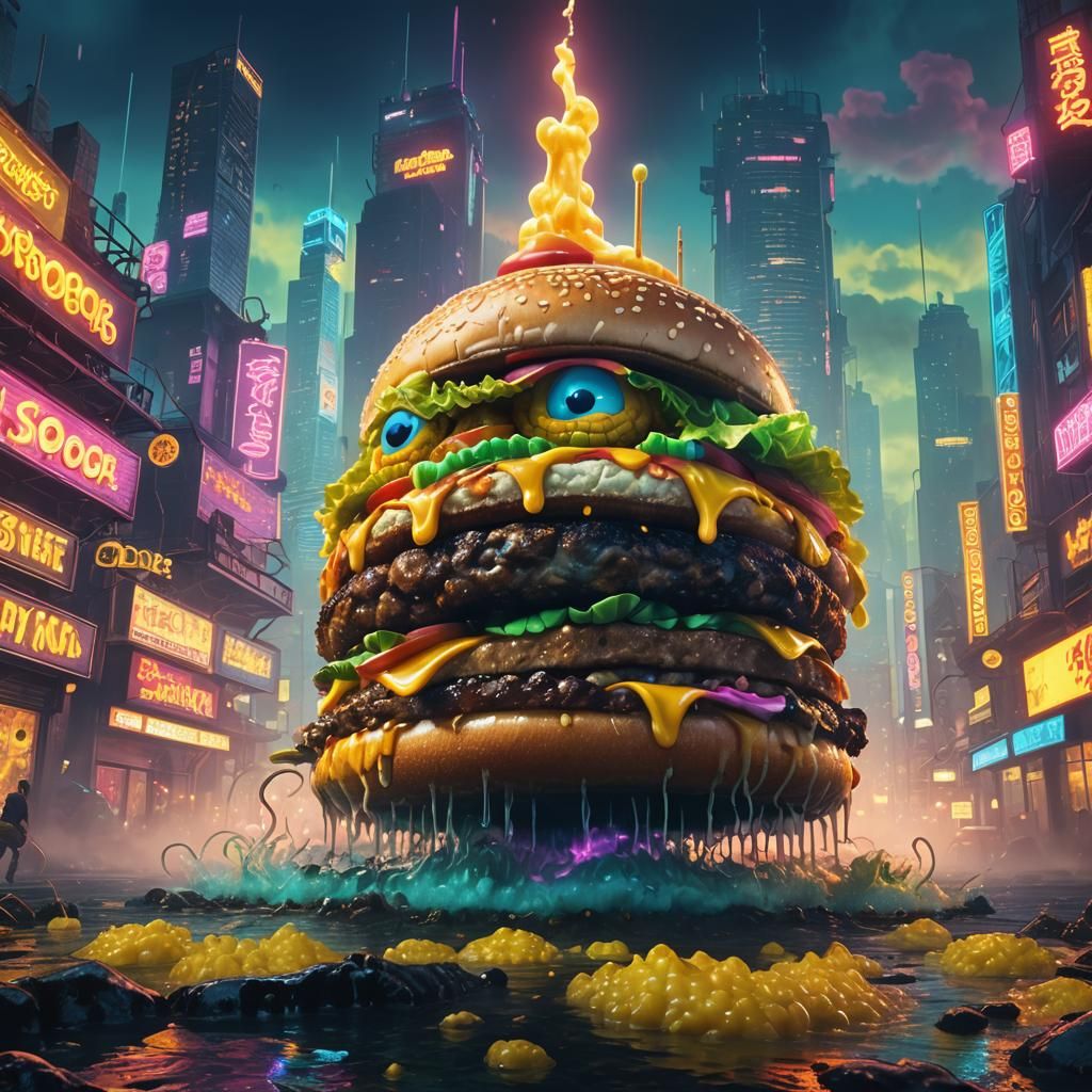 SpongeBob Eats Burger in Cyberpunk Underwater City
