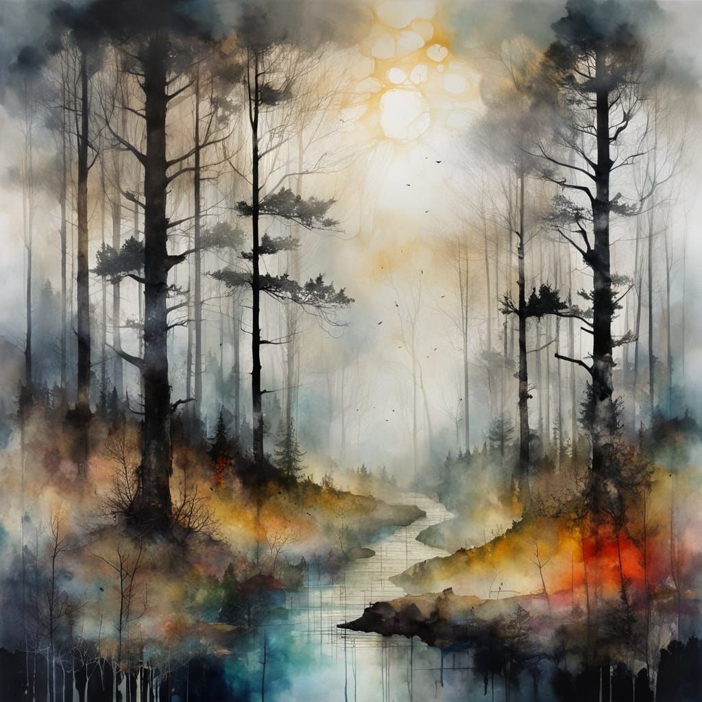 Misty Forest with Sunbeams in Encaustic Style