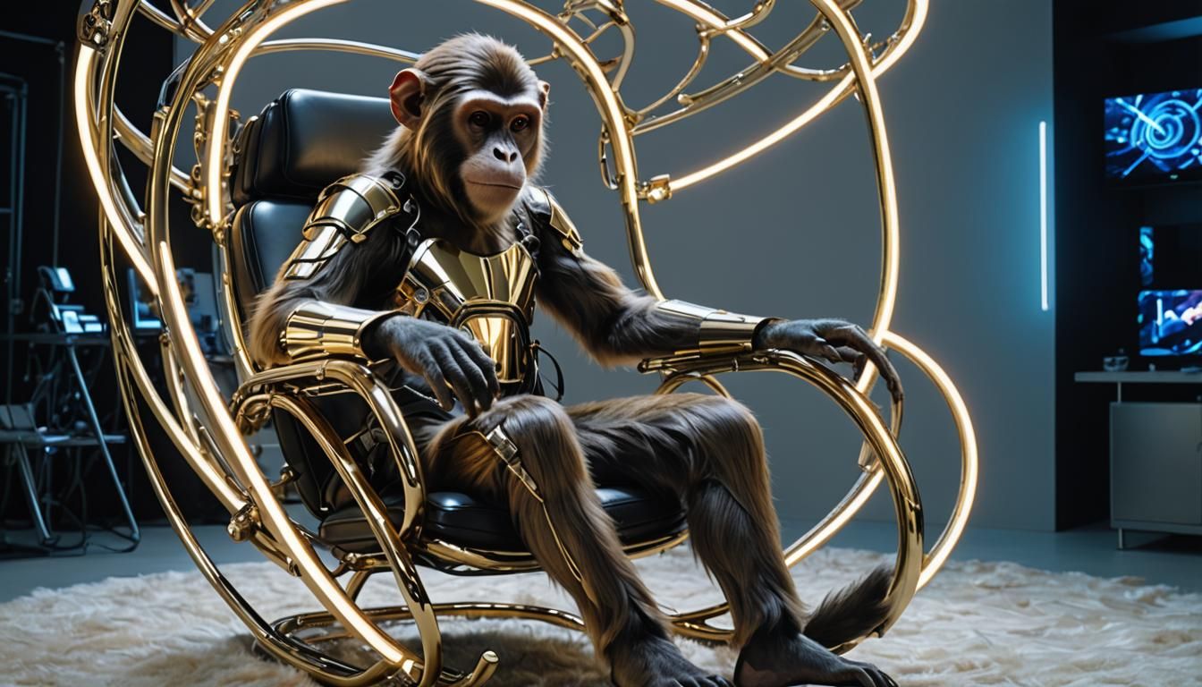 Cybernetic Monkey in Cyberpunk Style Watching TV