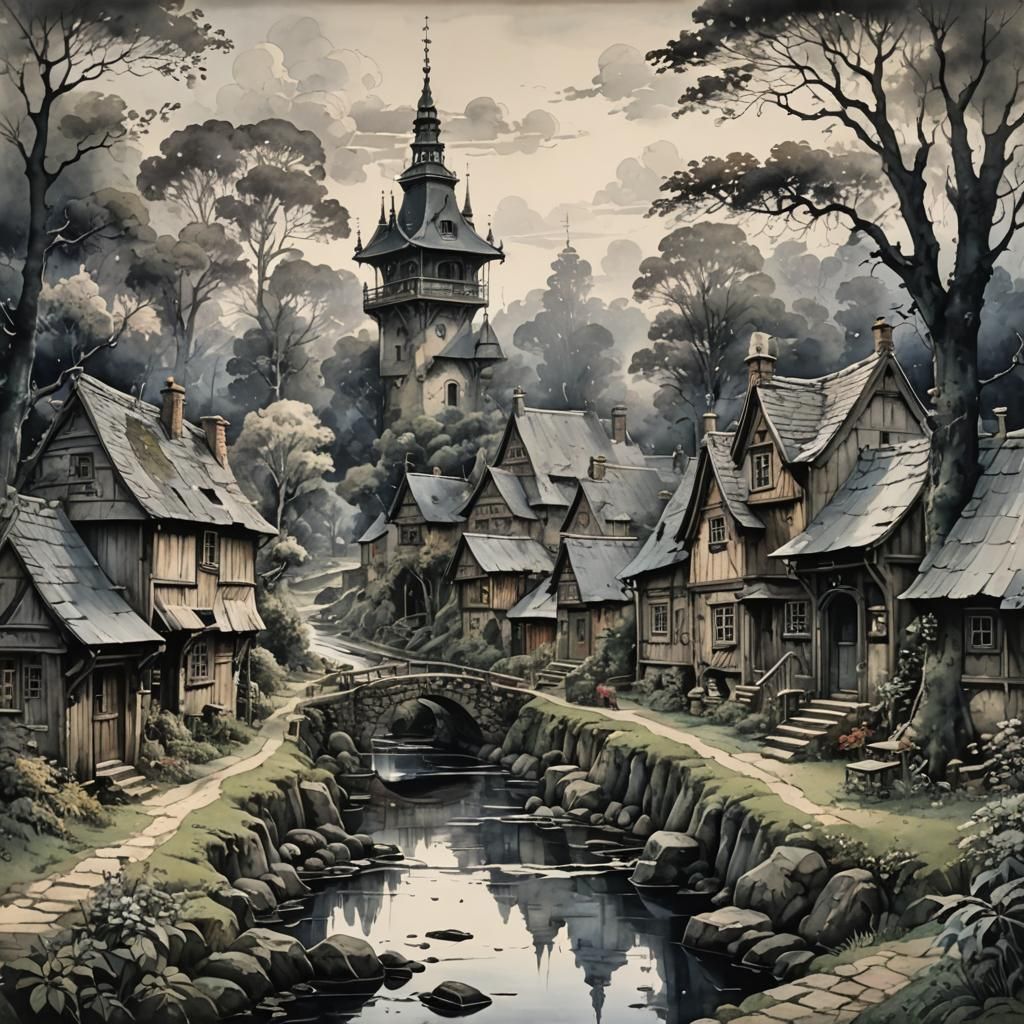 Idyllic Village in Monochromatic Ink Wash Style
