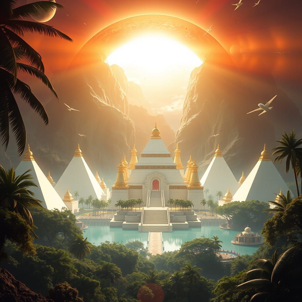 Epic Stargate Over Tropical City with Golden Pyramids