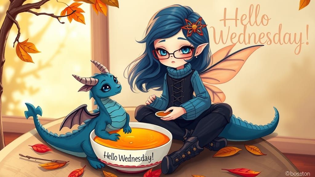 Gothic Fairy Enjoys Soup With Dragon in Autumn Light