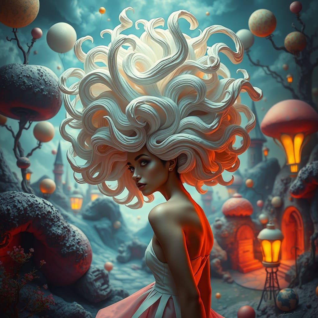 Surreal Woman with Sculpted Hair in Whimsical Landscape