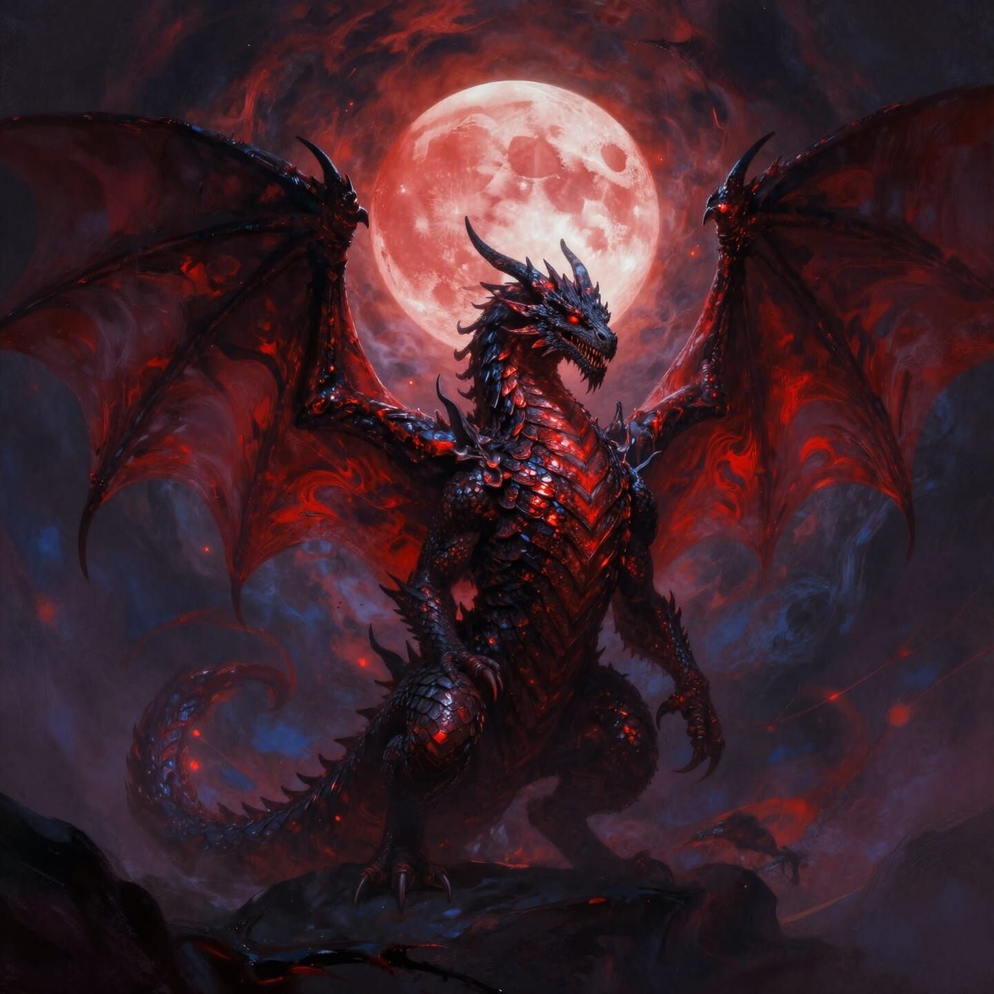 Colossal Dragon Silhouetted Against Blood Moon