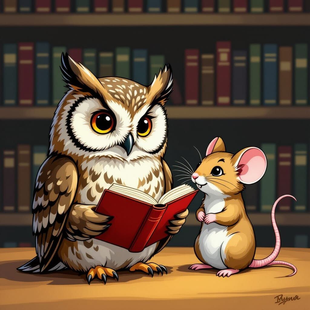 Owl and Mouse Friends in Cozy Library, Comic Art Style