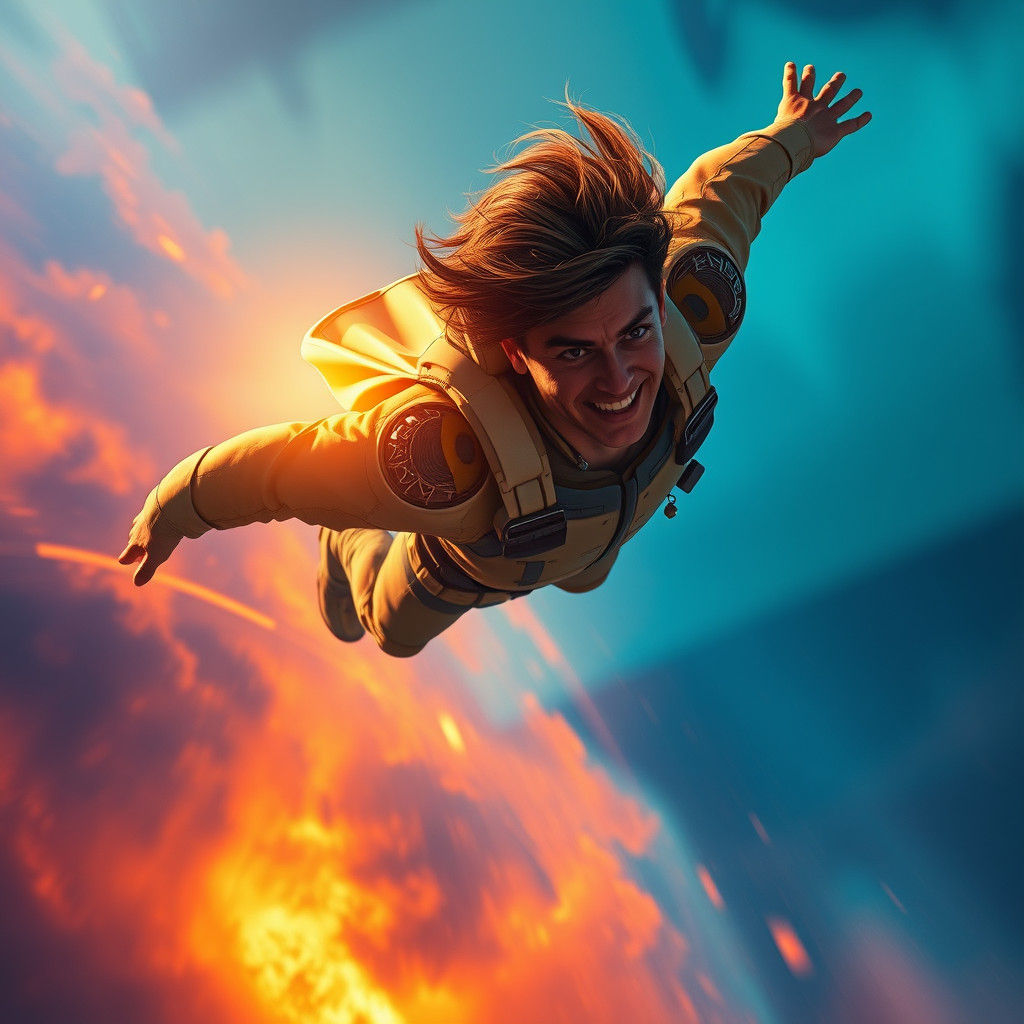 Dynamic Flying Pose in Hyperrealistic Sci-Fi Style