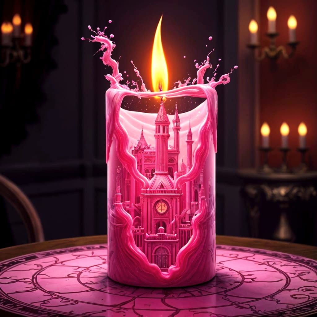 Pink Candle Reveals Pink Cityscape, Detailed Illustration