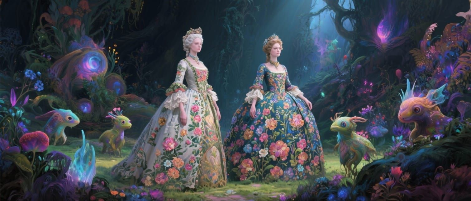 Elegant Ladies in Surreal Landscape with Fantastic Creatures