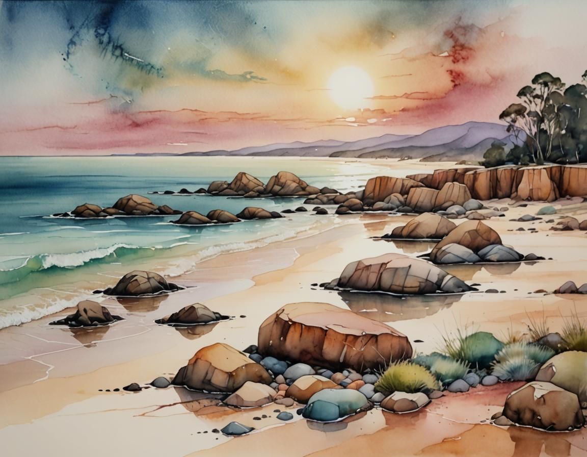 Australian Beach Landscape in Alcohol Ink Style