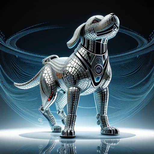 Futuristic Chrome Dog Sculpture Reflecting Environment
