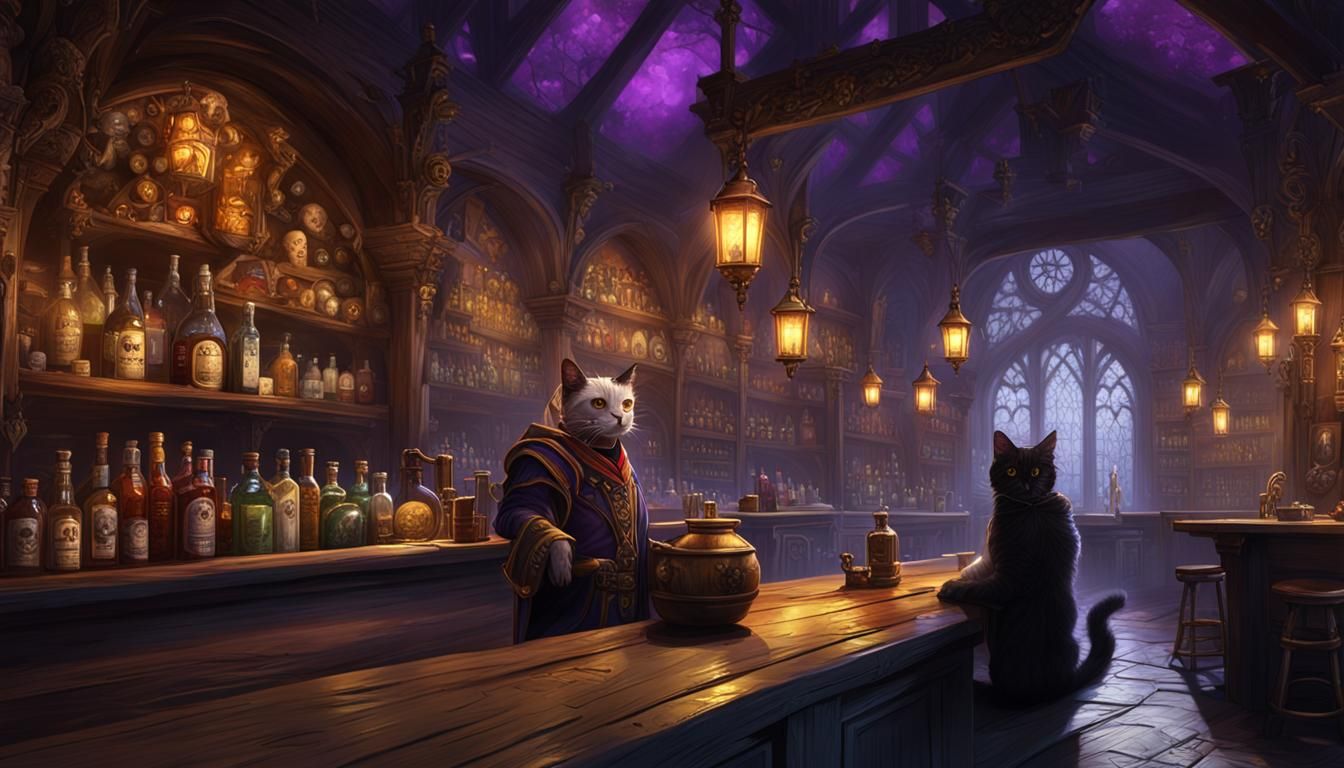 Gothic Merchant with Cat and Skull in Dark Pub