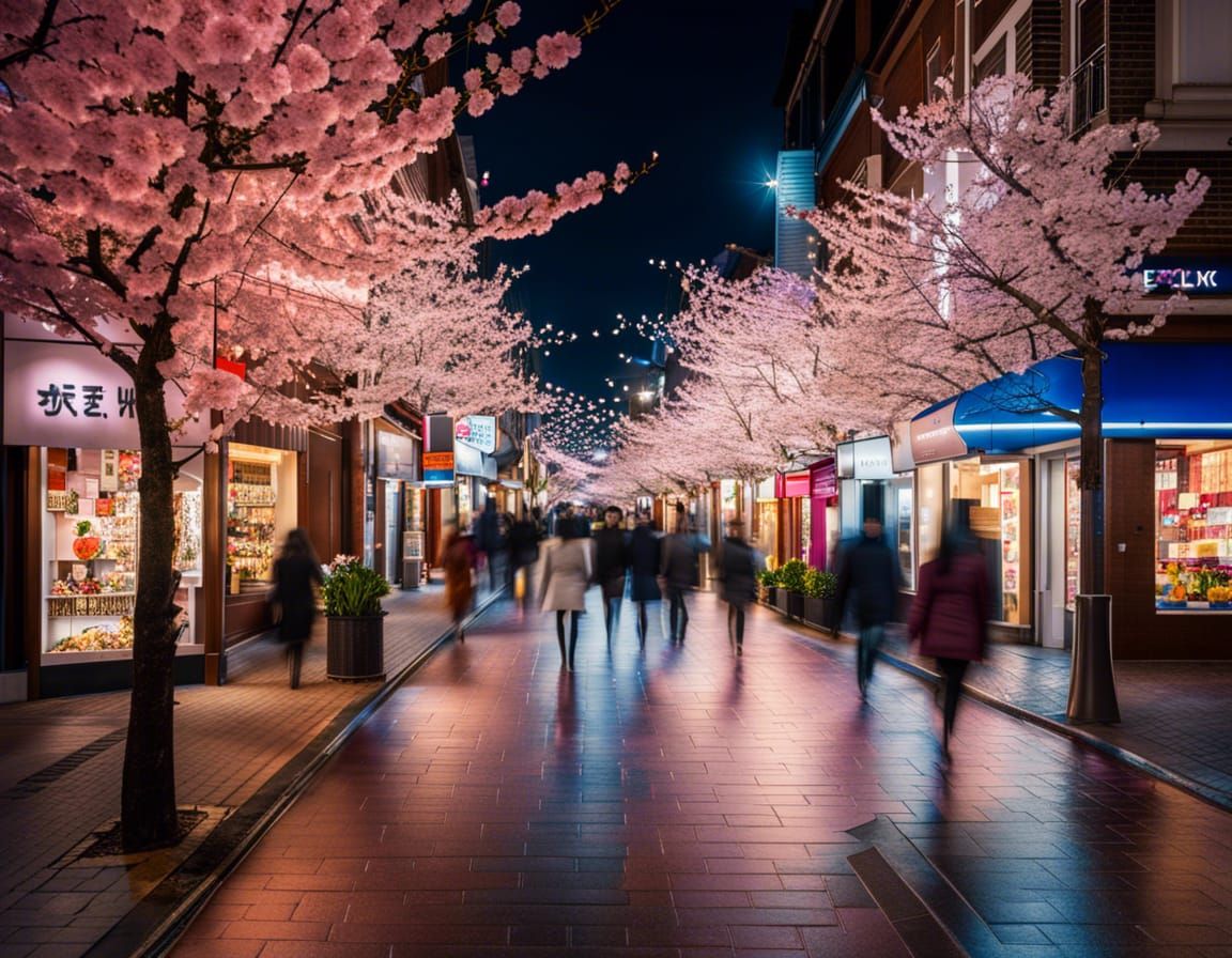 Illuminated Shopping Street at Night with Cherry Blossoms