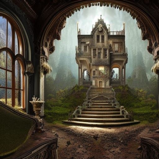 Abandoned Fairytale Castle Interior with Waterfall