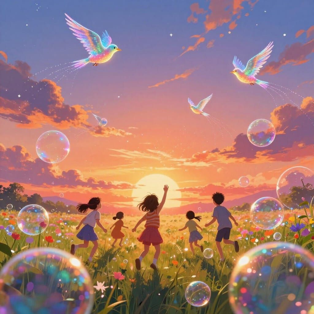 Children Joyfully Play in a Fiery Sunset Field of Iridescent...