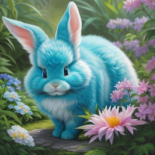 Fluffy Rabbit With Teal Ears in Garden Oil Painting