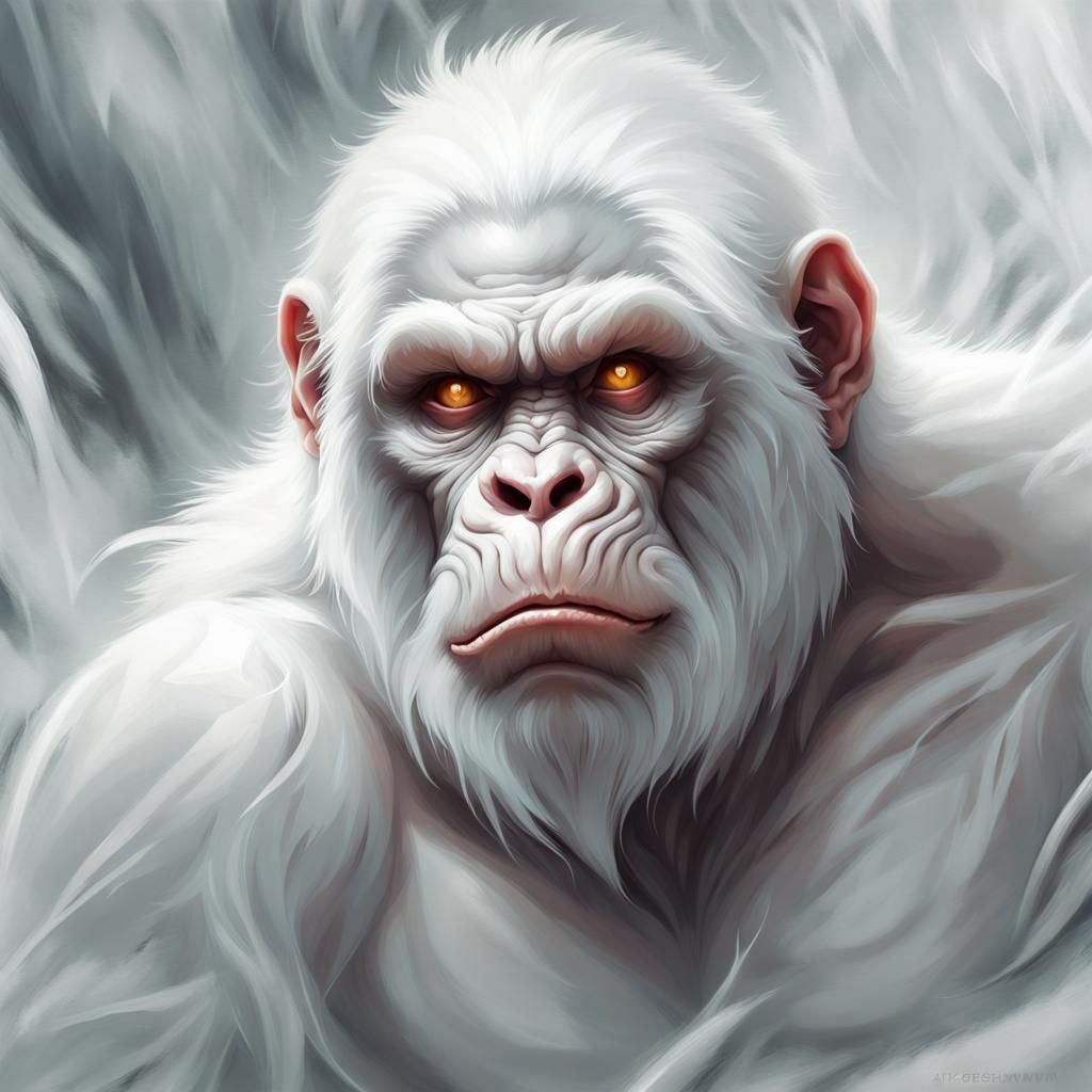 Digital art of a ghostly albino ape. He has extremely white fur and bright eyes. White smoke background. High definition...