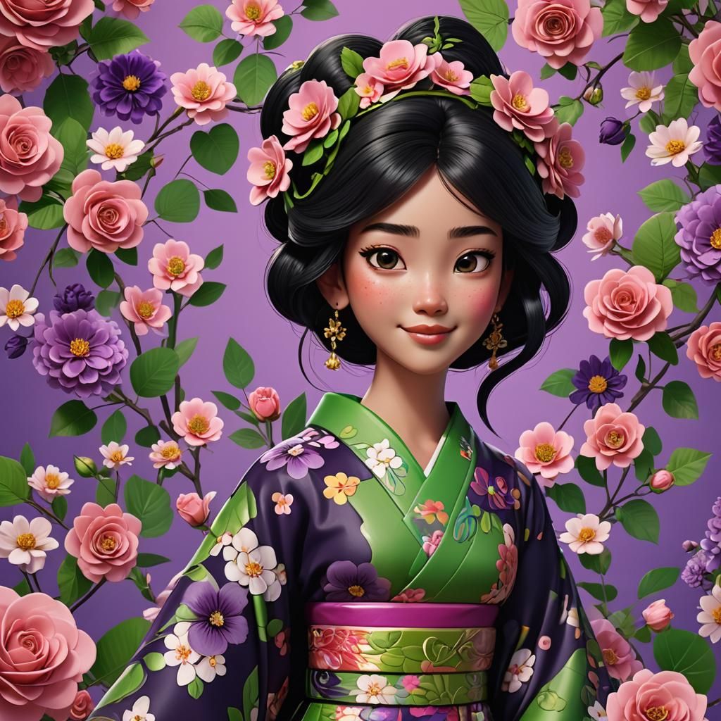 Beautiful Girl in Kimono: Pixar-Style 3D Rendering