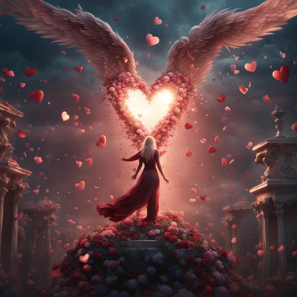 Heart Angel Descending with Flowers: Fantasy Concept Art