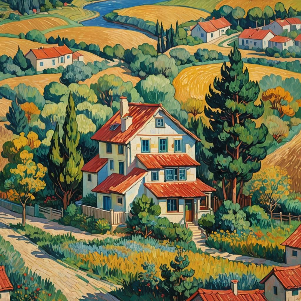 Impressionist House with Red Roof in Afternoon Light