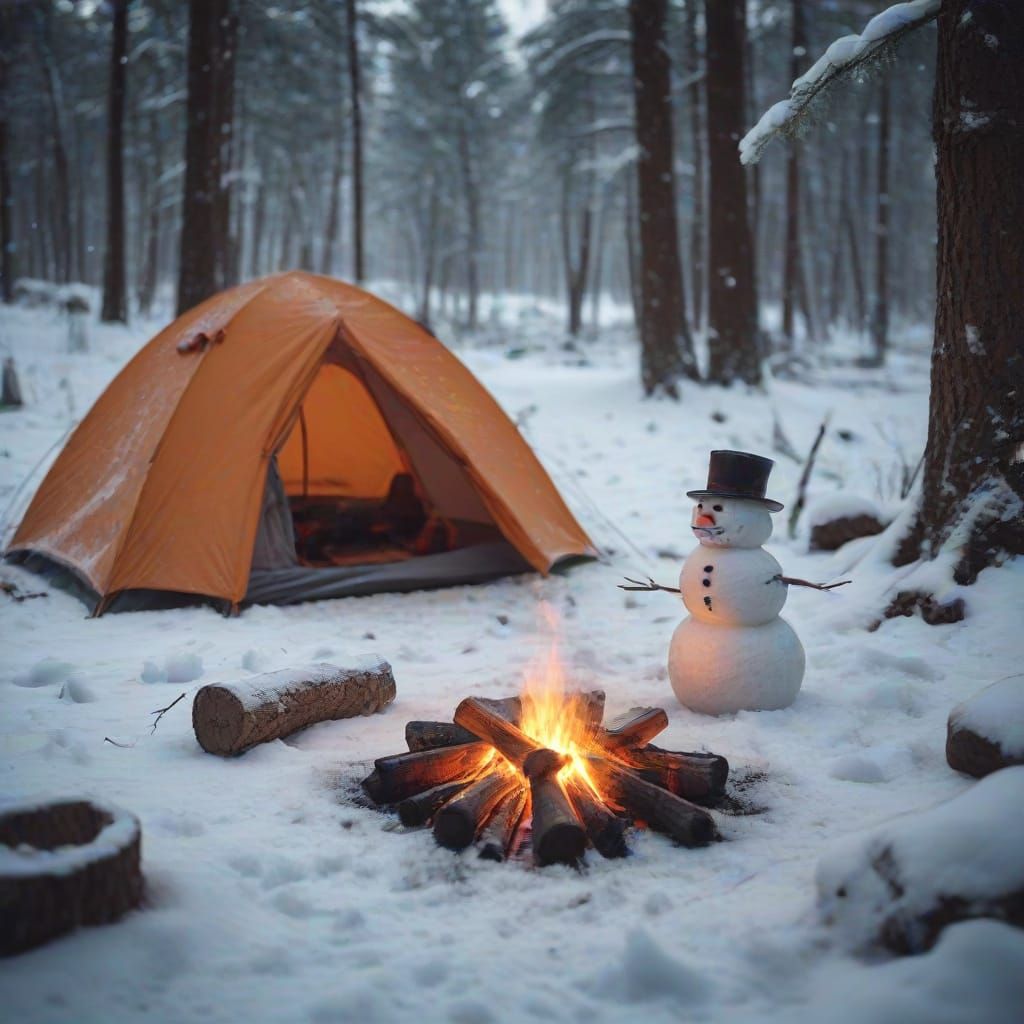 Winter Wonderland Campsite in Snowy Forest