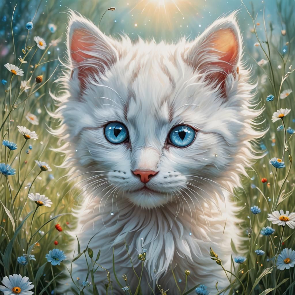 Kitten Playing in Meadow: Whimsical Fantasy Art