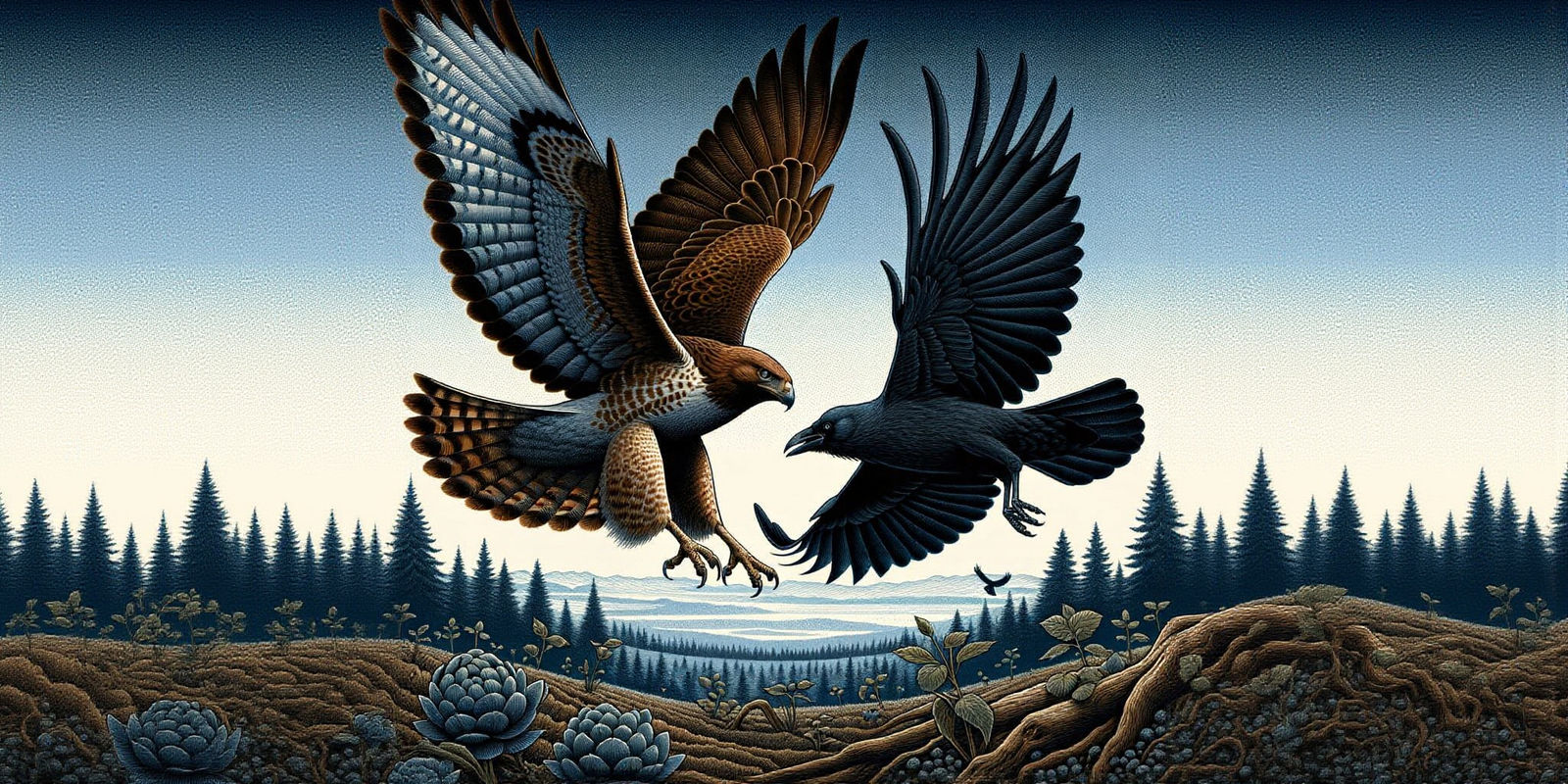 Hawk and Crow Soaring in an Open Sky