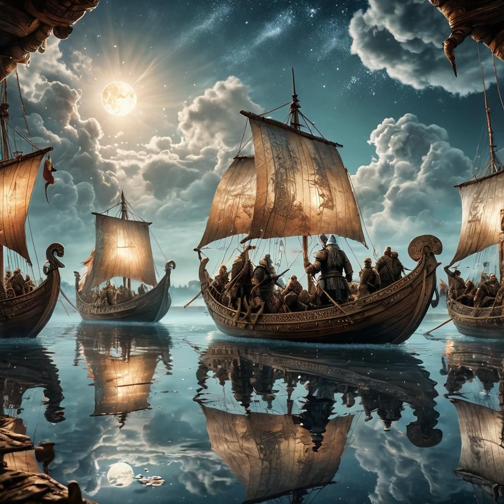 Viking Warriors Sailing on Drakkar Ship