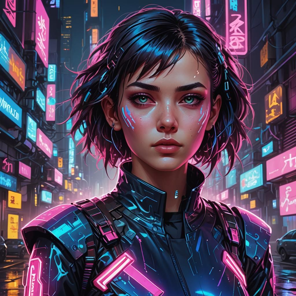 Cyberpunk Girl Portrait in Synthwave Style