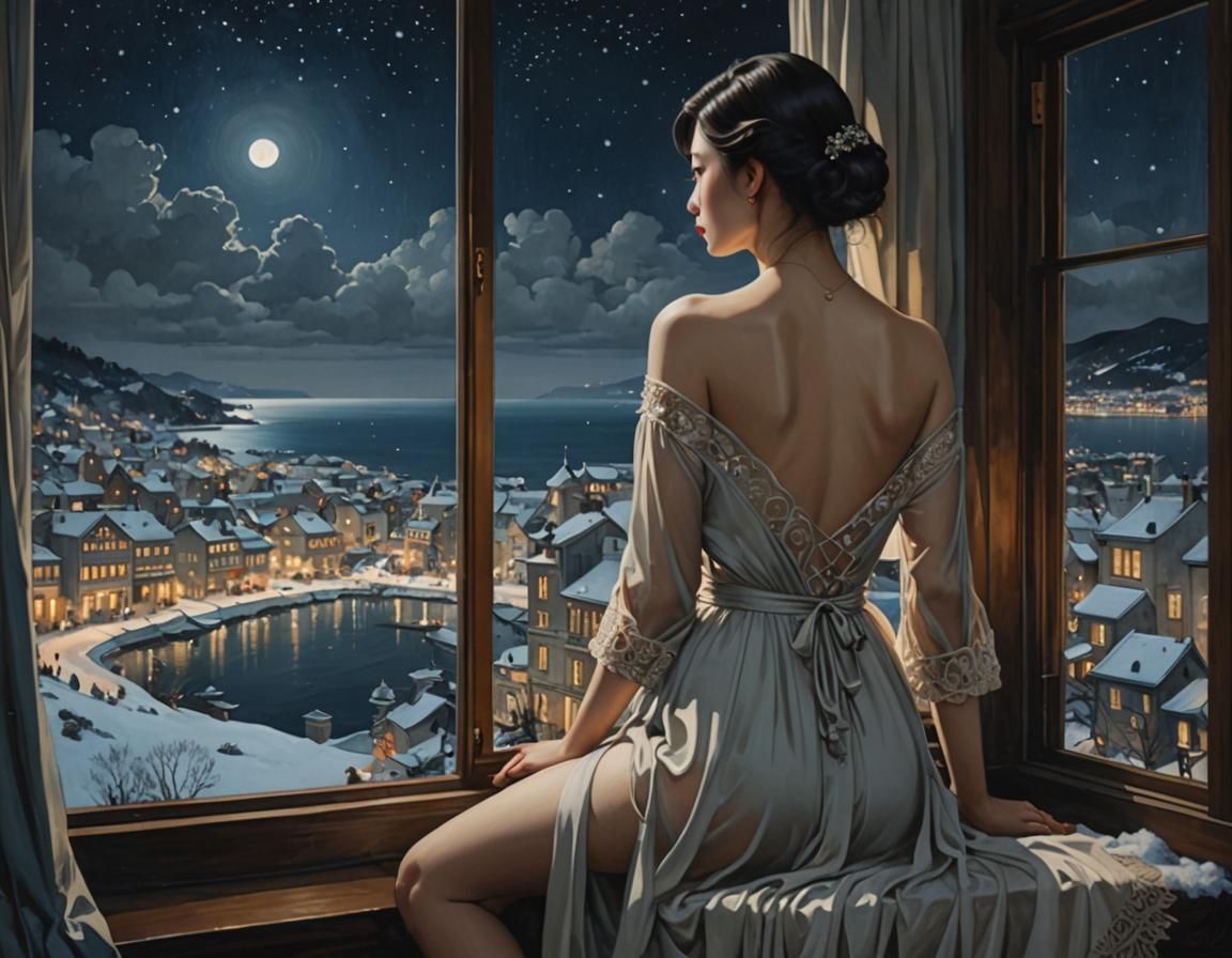 Dreamy Winter Seascape with Unclad Woman: Detailed Painting