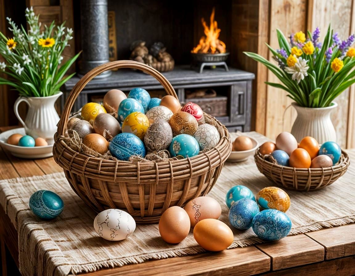 Vibrant Easter Eggs in Rustic Wicker Basket with Whimsical F...