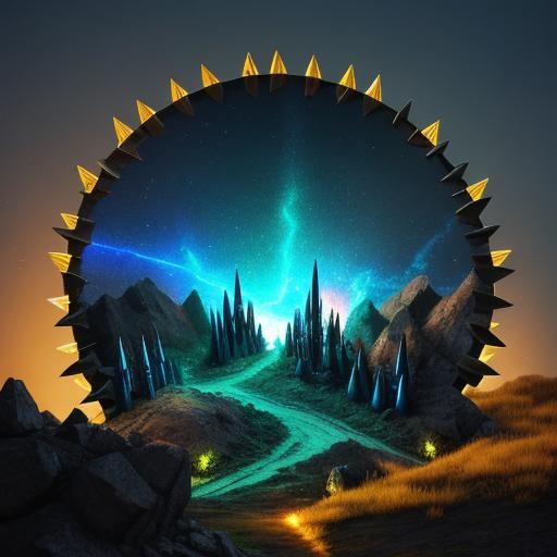 Surreal Hillscape with Metallic Spikes and Lighting