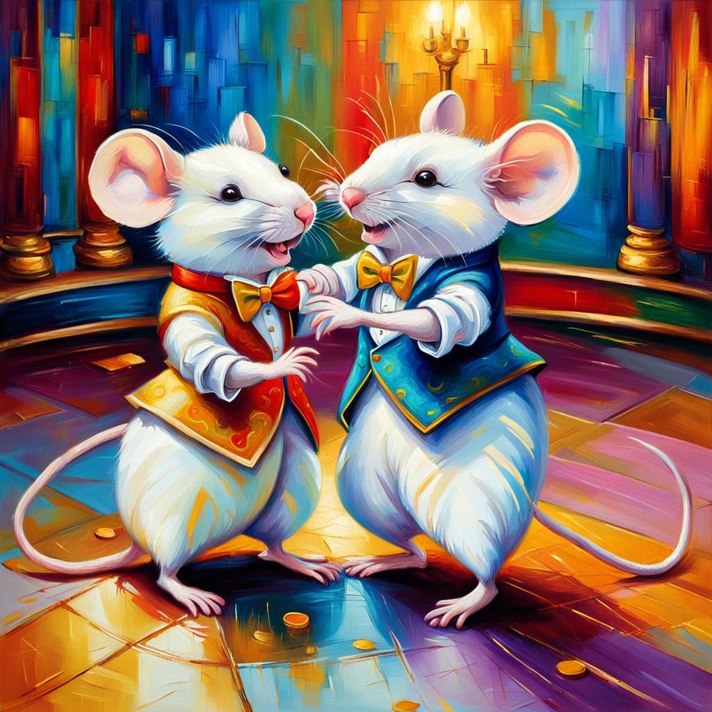 Mice Ballroom Dancing: Vibrant Oil Painting in Triadic Color...