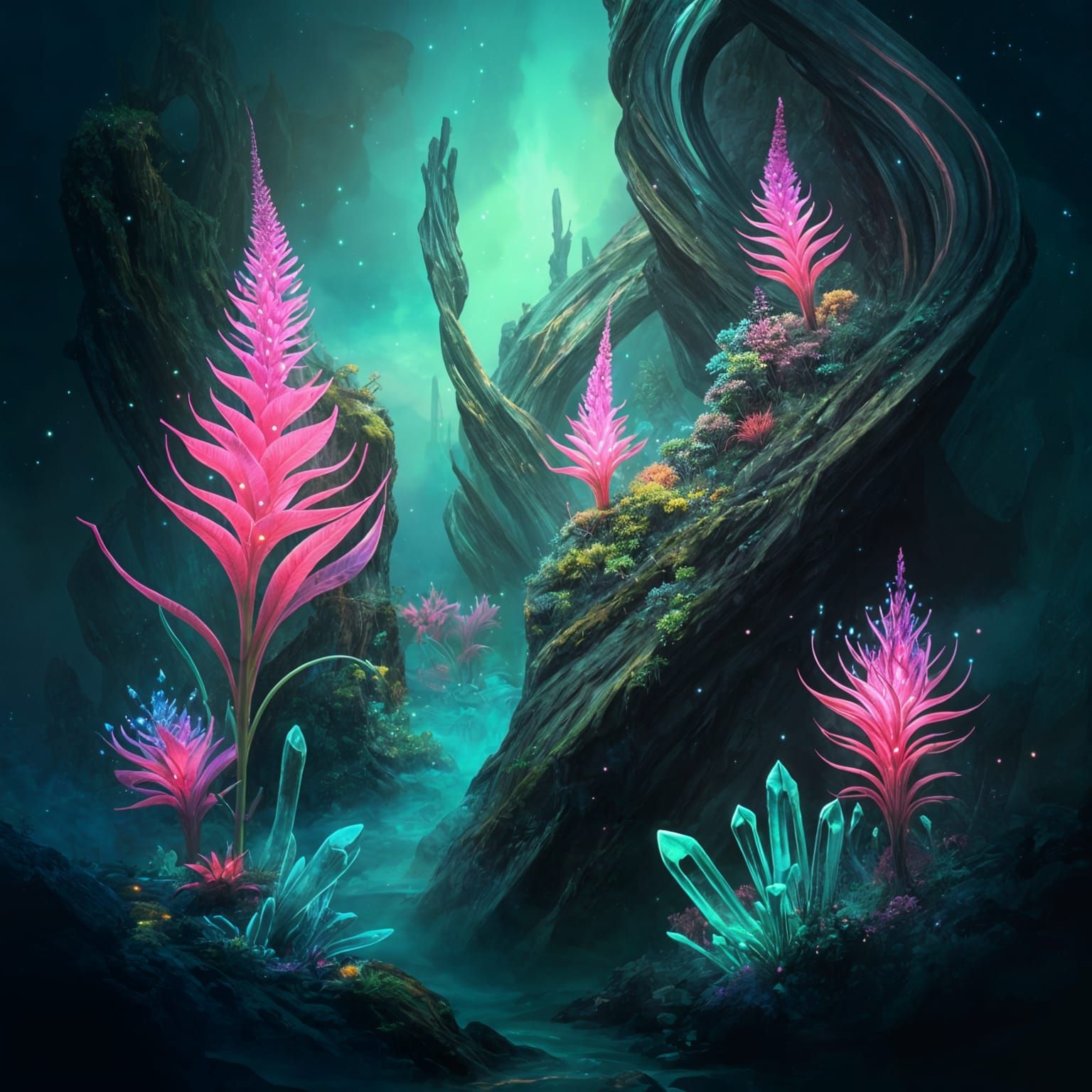 Fluorescent Fantasy Landscape with Glowing Flora
